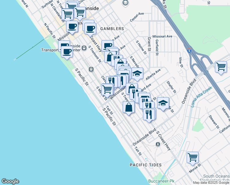map of restaurants, bars, coffee shops, grocery stores, and more near 215 Wisconsin Avenue in Oceanside