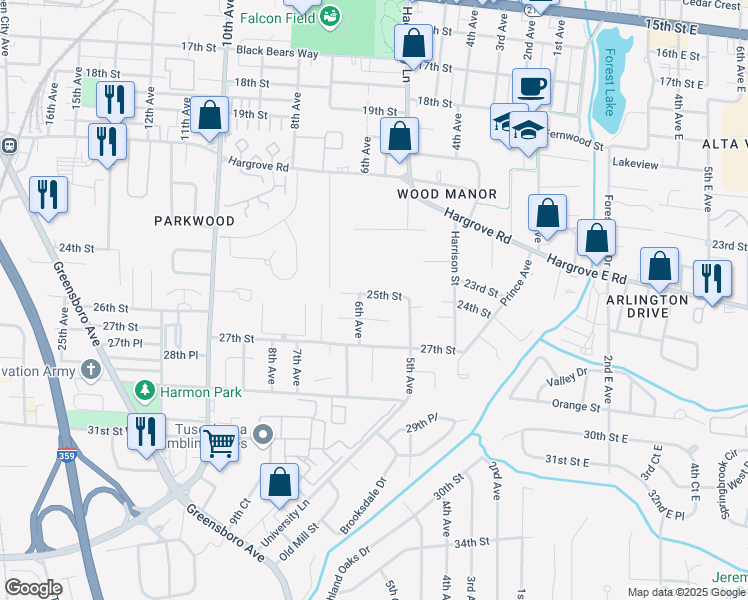 map of restaurants, bars, coffee shops, grocery stores, and more near 559 25th Street in Tuscaloosa