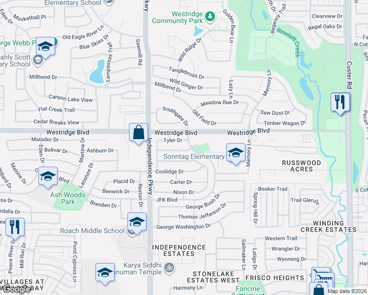 map of restaurants, bars, coffee shops, grocery stores, and more near 9805 Fillmore Drive in McKinney