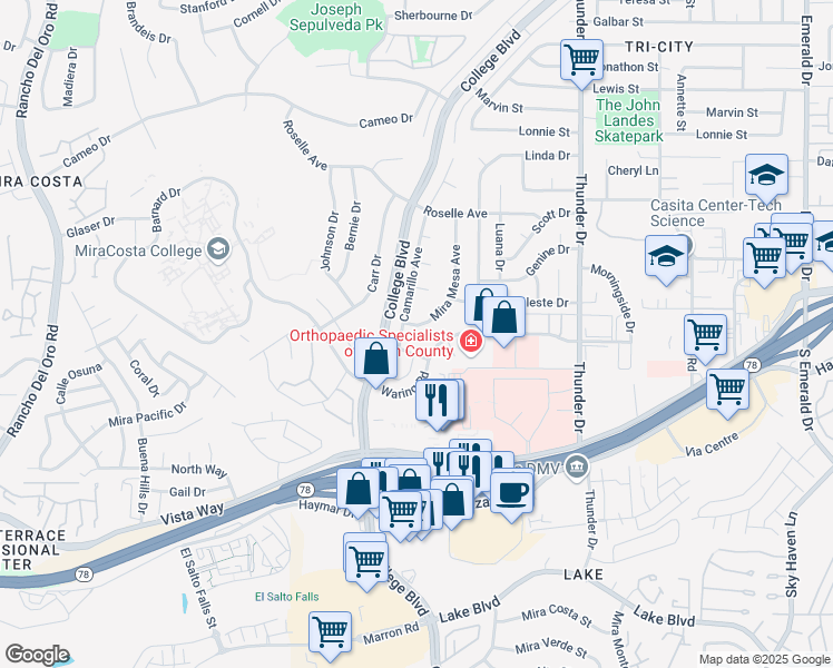 map of restaurants, bars, coffee shops, grocery stores, and more near 3234 Mira Mesa Avenue in Oceanside