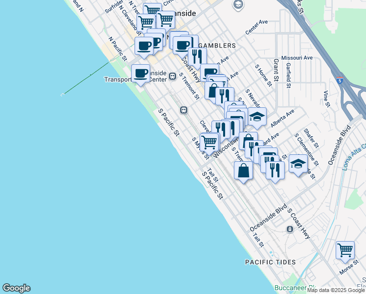 map of restaurants, bars, coffee shops, grocery stores, and more near 621 South Pacific Street in Oceanside