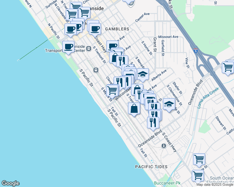 map of restaurants, bars, coffee shops, grocery stores, and more near 215 Wisconsin Avenue in Oceanside