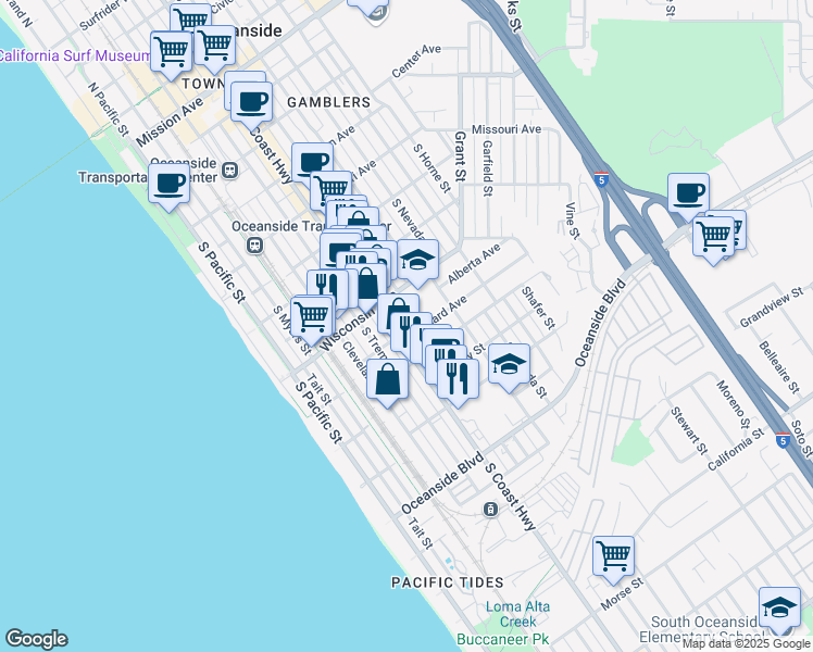 map of restaurants, bars, coffee shops, grocery stores, and more near 840 South Coast Highway in Oceanside