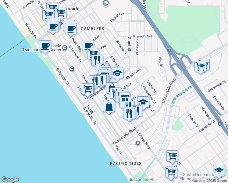 map of restaurants, bars, coffee shops, grocery stores, and more near 840 South Coast Highway in Oceanside