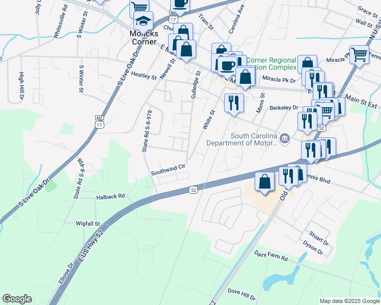 map of restaurants, bars, coffee shops, grocery stores, and more near 401 Eagleston Drive in Moncks Corner