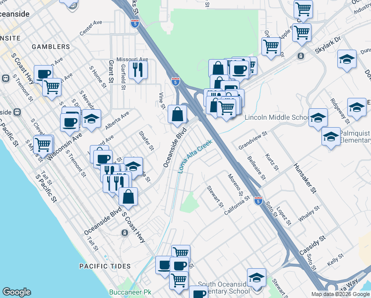 map of restaurants, bars, coffee shops, grocery stores, and more near 100 Elmwood Lane in Oceanside