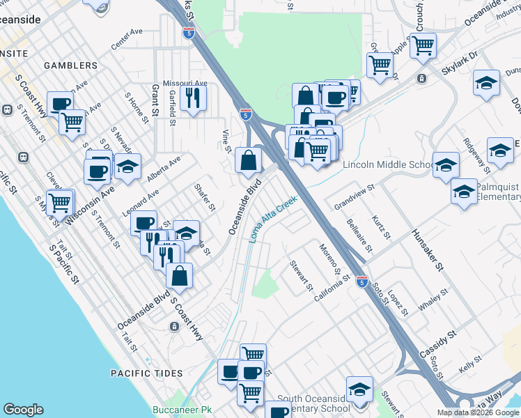 map of restaurants, bars, coffee shops, grocery stores, and more near 100 Elmwood Lane in Oceanside