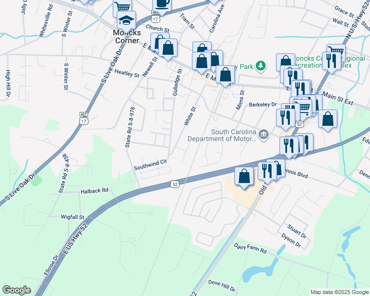 map of restaurants, bars, coffee shops, grocery stores, and more near 108 Brookwood Drive in Moncks Corner
