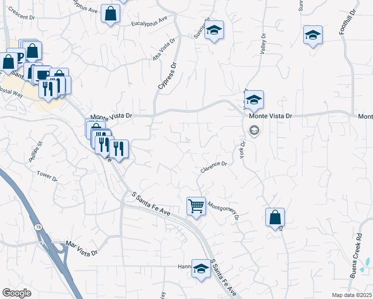 map of restaurants, bars, coffee shops, grocery stores, and more near 1239 Barbara Drive in Vista