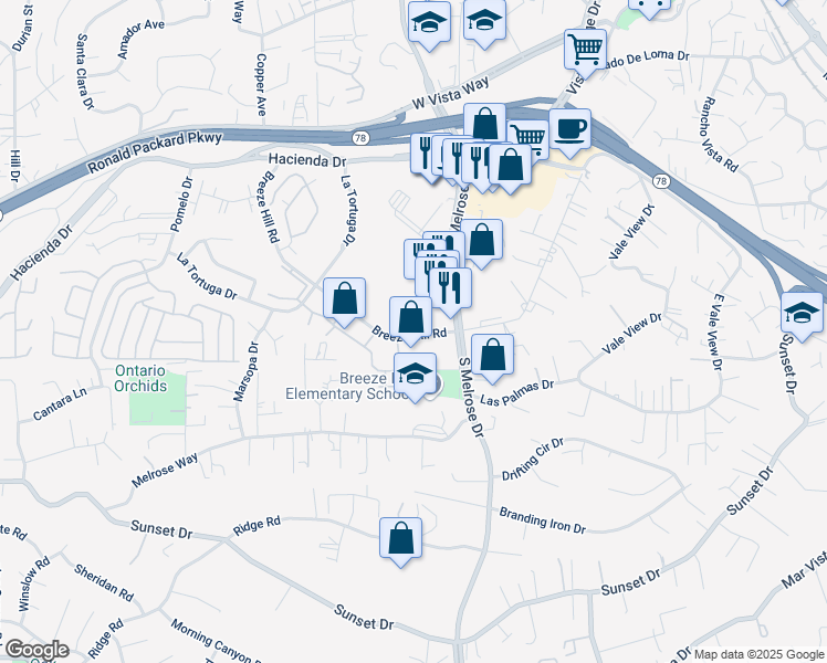 map of restaurants, bars, coffee shops, grocery stores, and more near 718 Breeze Hill Road in Vista
