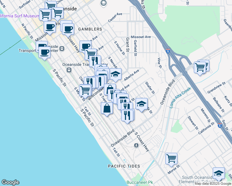 map of restaurants, bars, coffee shops, grocery stores, and more near 902 South Coast Highway in Oceanside