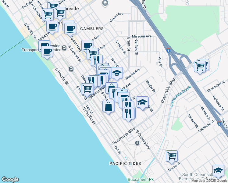 map of restaurants, bars, coffee shops, grocery stores, and more near 902 South Coast Highway in Oceanside