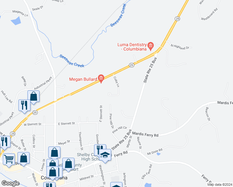 map of restaurants, bars, coffee shops, grocery stores, and more near 316 Alabama 25 in Columbiana