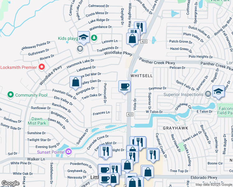map of restaurants, bars, coffee shops, grocery stores, and more near 2943 Stunning Drive in Little Elm