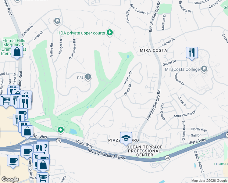 map of restaurants, bars, coffee shops, grocery stores, and more near 2304 Back 9 Street in Oceanside