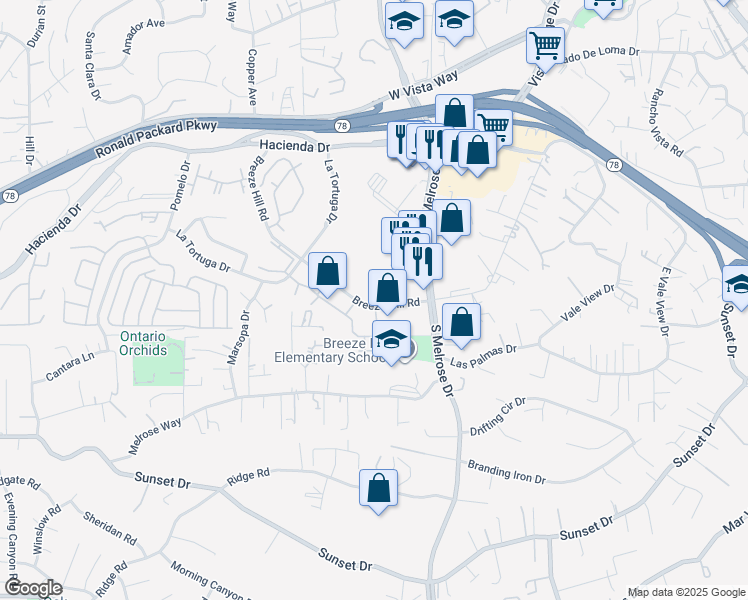 map of restaurants, bars, coffee shops, grocery stores, and more near 701 Breeze Hill Road in Vista