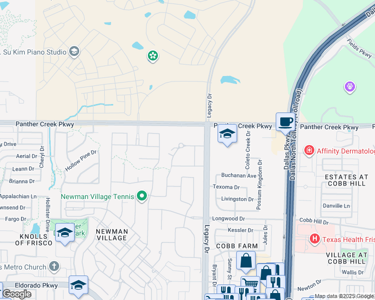 map of restaurants, bars, coffee shops, grocery stores, and more near 4482 Big Cedar Drive in Frisco