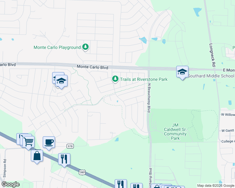 map of restaurants, bars, coffee shops, grocery stores, and more near 1115 Riverstone Trail in Princeton