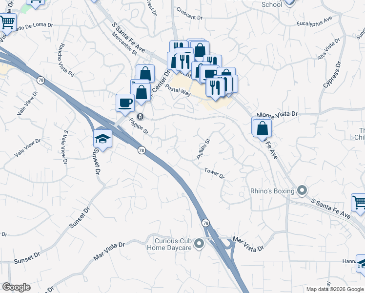map of restaurants, bars, coffee shops, grocery stores, and more near 986 Phillips Street in Vista