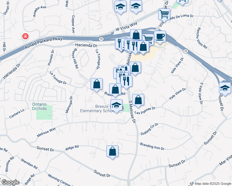 map of restaurants, bars, coffee shops, grocery stores, and more near 721 Breeze Hill Road in Vista