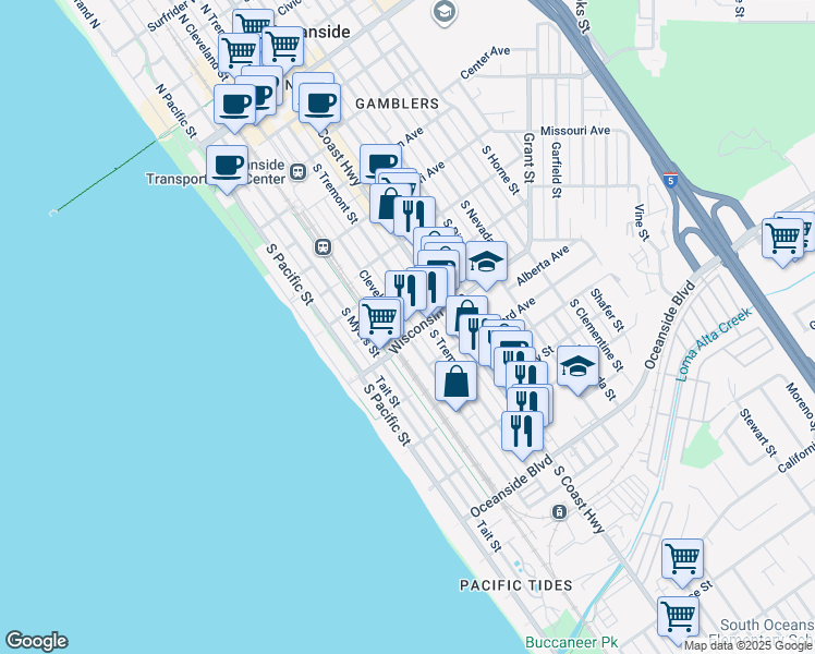 map of restaurants, bars, coffee shops, grocery stores, and more near 215 Wisconsin Avenue in Oceanside
