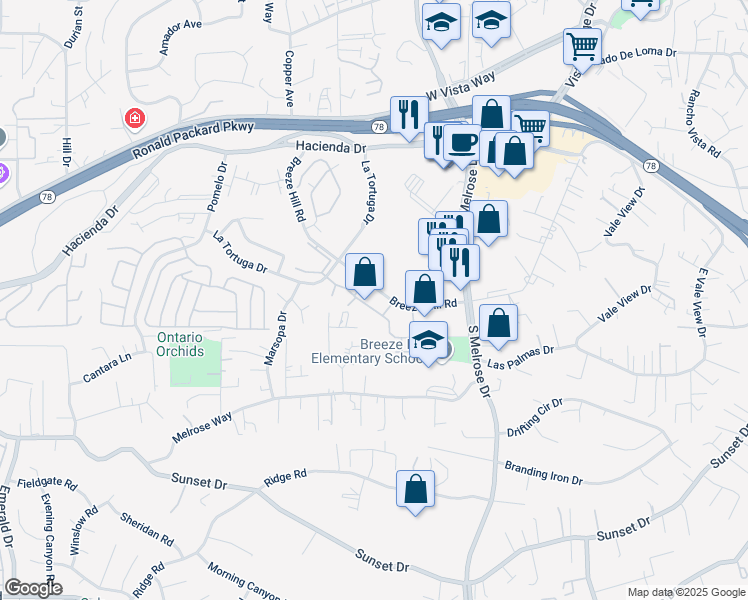 map of restaurants, bars, coffee shops, grocery stores, and more near 740 Breeze Hill Road in Vista