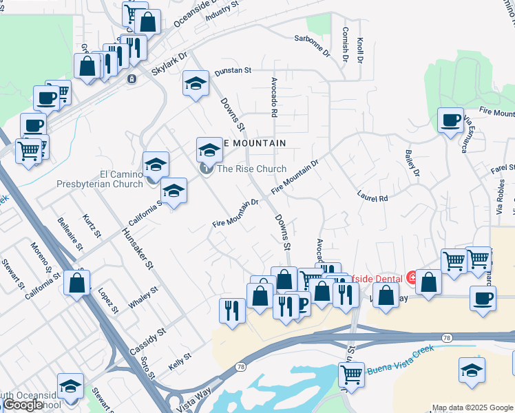 map of restaurants, bars, coffee shops, grocery stores, and more near 2005 Fire Mountain Drive in Oceanside