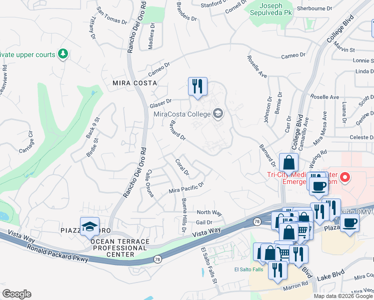 map of restaurants, bars, coffee shops, grocery stores, and more near 3668 Aqua Lane in Oceanside
