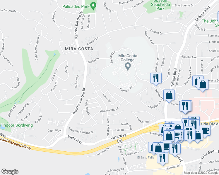 map of restaurants, bars, coffee shops, grocery stores, and more near 3668 Aqua Lane in Oceanside