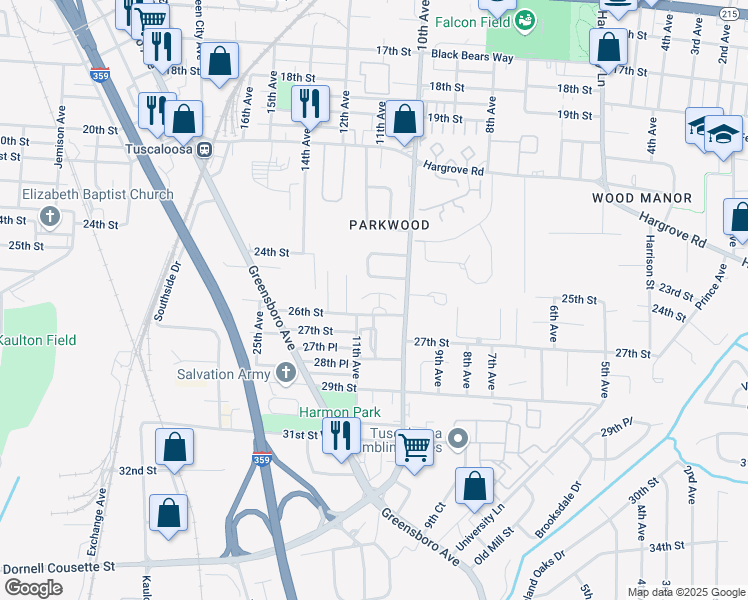 map of restaurants, bars, coffee shops, grocery stores, and more near 2808 10th Avenue in Tuscaloosa