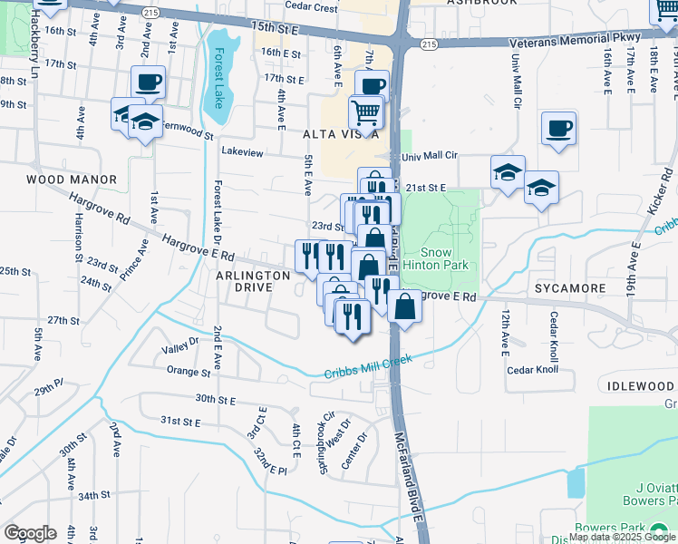 map of restaurants, bars, coffee shops, grocery stores, and more near 602 Hargrove Road East in Tuscaloosa
