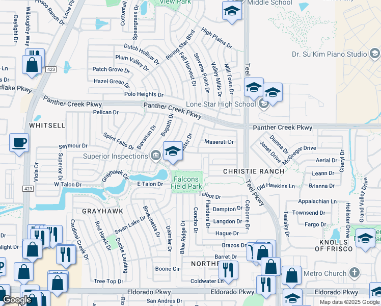map of restaurants, bars, coffee shops, grocery stores, and more near 2035 Jaguar Drive in Frisco