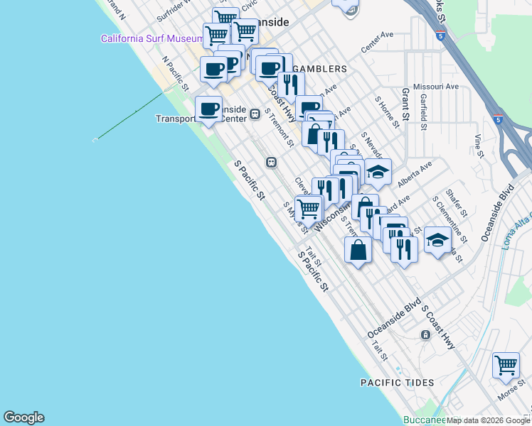 map of restaurants, bars, coffee shops, grocery stores, and more near 516 South The Strand in Oceanside