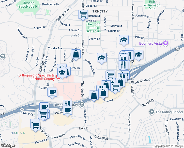 map of restaurants, bars, coffee shops, grocery stores, and more near 4130 Waring Road in Oceanside