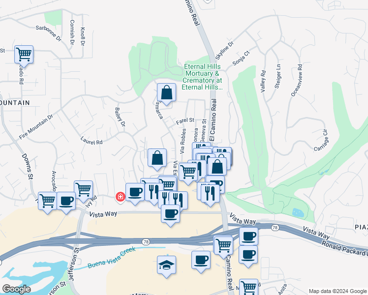 map of restaurants, bars, coffee shops, grocery stores, and more near 2177 Via Sonora in Oceanside