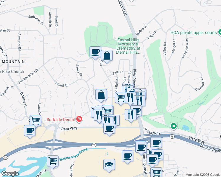 map of restaurants, bars, coffee shops, grocery stores, and more near 2163 Via Esmarca in Oceanside