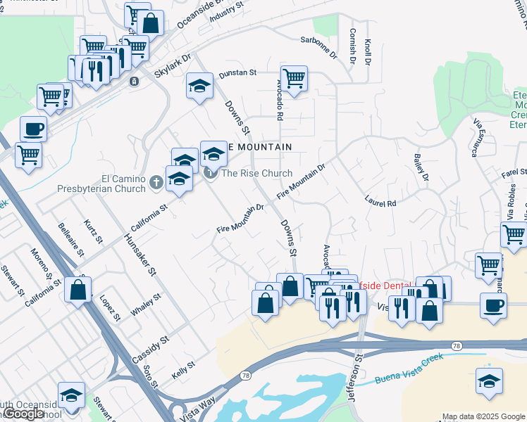 map of restaurants, bars, coffee shops, grocery stores, and more near 2005 Fire Mountain Drive in Oceanside