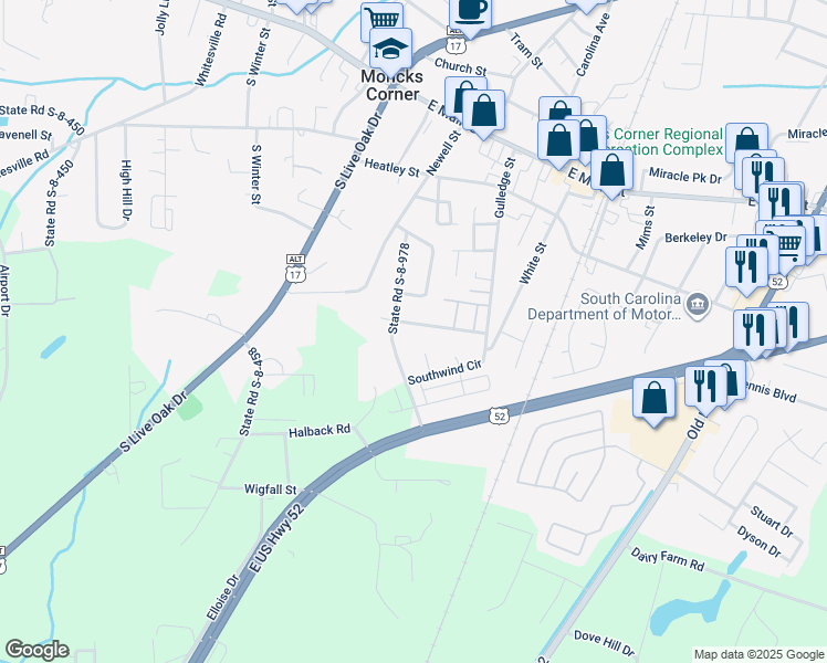 map of restaurants, bars, coffee shops, grocery stores, and more near 316b State Road S-8-978 in Moncks Corner