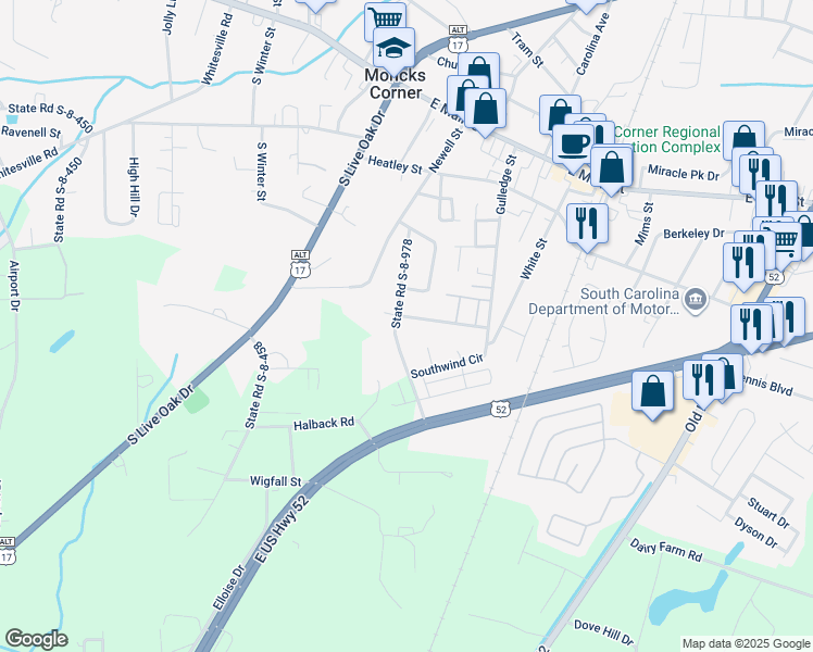 map of restaurants, bars, coffee shops, grocery stores, and more near 316b State Road S-8-978 in Moncks Corner