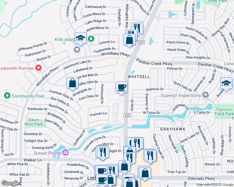 map of restaurants, bars, coffee shops, grocery stores, and more near 2757 Starburst Drive in Little Elm