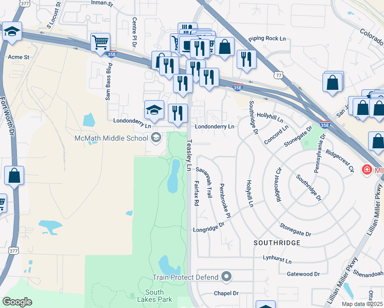 map of restaurants, bars, coffee shops, grocery stores, and more near 2016 Pembrooke Place in Denton