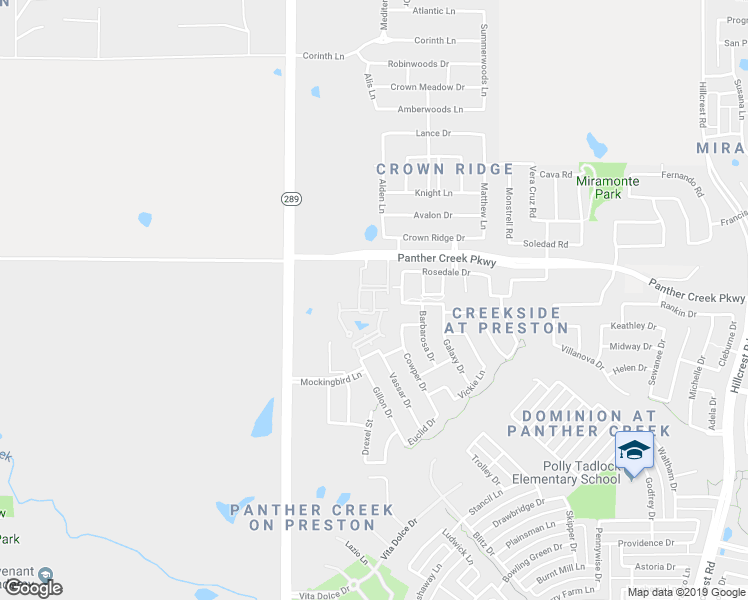 map of restaurants, bars, coffee shops, grocery stores, and more near 9415 Panther Creek Parkway in Frisco