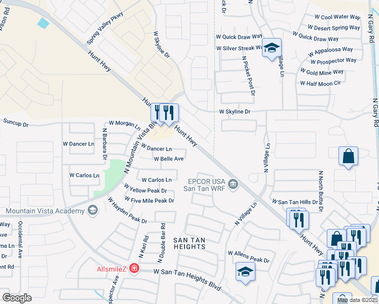 map of restaurants, bars, coffee shops, grocery stores, and more near 33881 North Washington View Road in Queen Creek