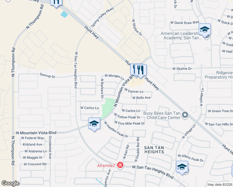 map of restaurants, bars, coffee shops, grocery stores, and more near 3445 West Belle Avenue in Queen Creek