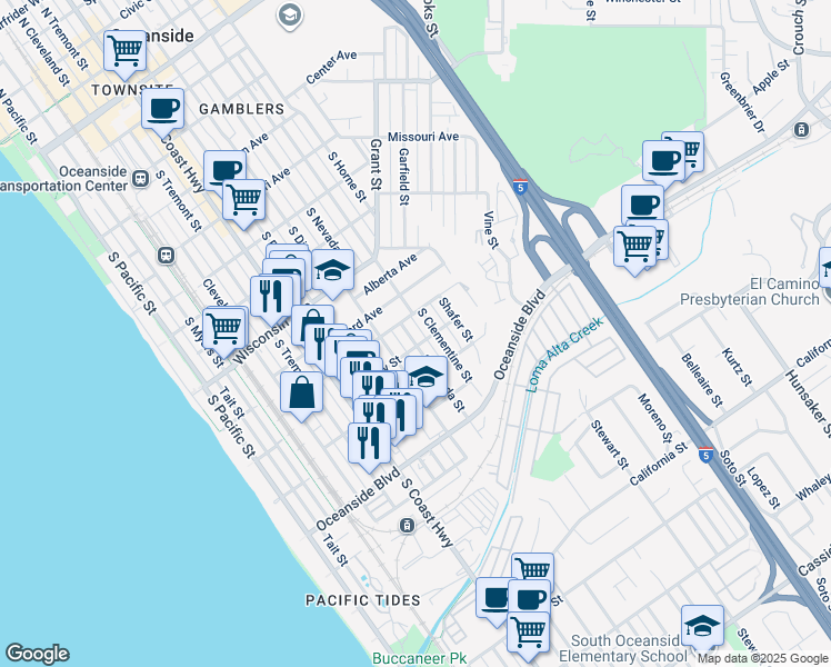 map of restaurants, bars, coffee shops, grocery stores, and more near 1016 South Nevada Street in Oceanside