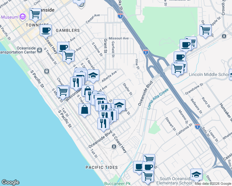 map of restaurants, bars, coffee shops, grocery stores, and more near 1016 South Nevada Street in Oceanside