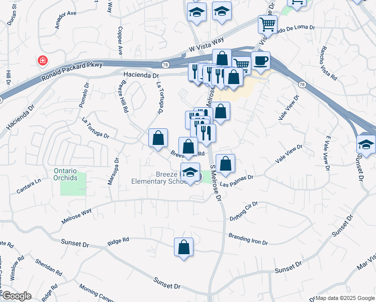 map of restaurants, bars, coffee shops, grocery stores, and more near 721 Breeze Hill Road in Vista
