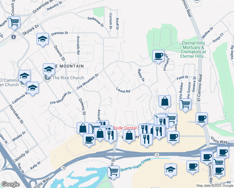 map of restaurants, bars, coffee shops, grocery stores, and more near 1809 Laurel Road in Oceanside