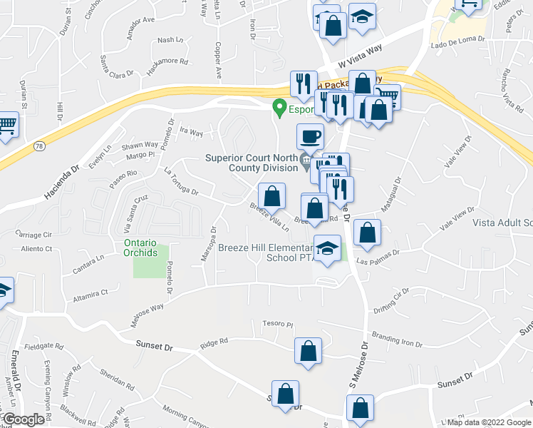 map of restaurants, bars, coffee shops, grocery stores, and more near in Vista