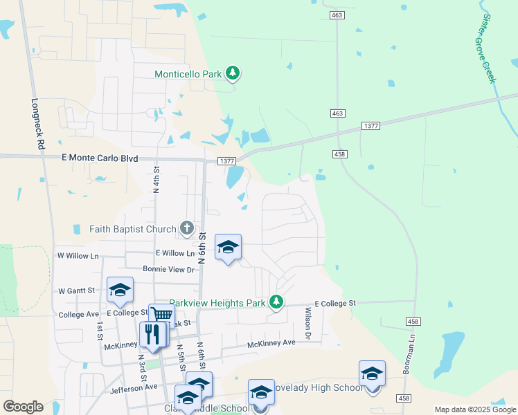 map of restaurants, bars, coffee shops, grocery stores, and more near 839 Farm to Market Road 1377 in Princeton